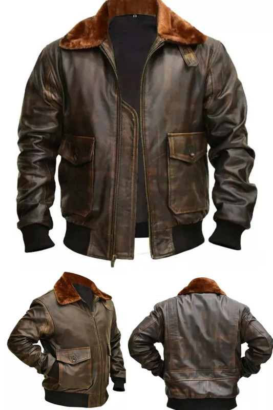Mens Aviator Bomber Flight Jacket Distressed Brown Leather Jacket