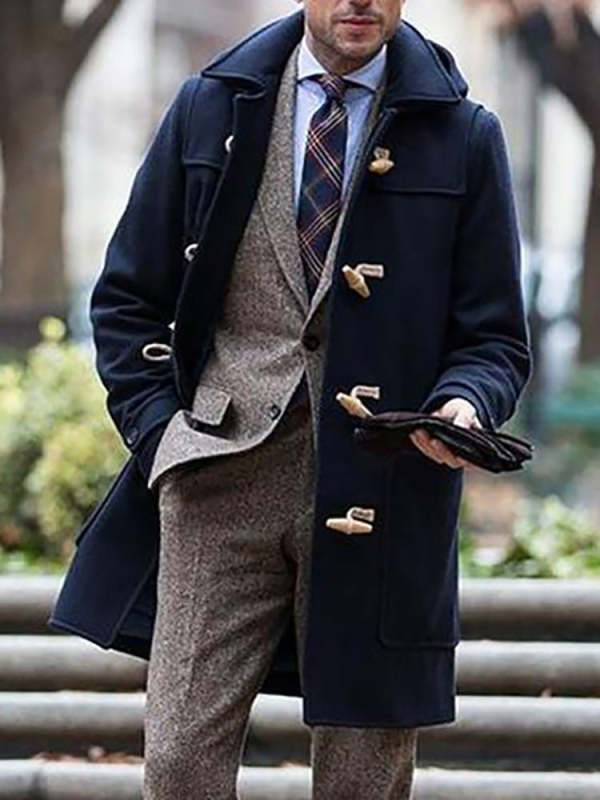 Mens Retro Casual Trench Coat Lapel Collar Jacket Wool Overcoat