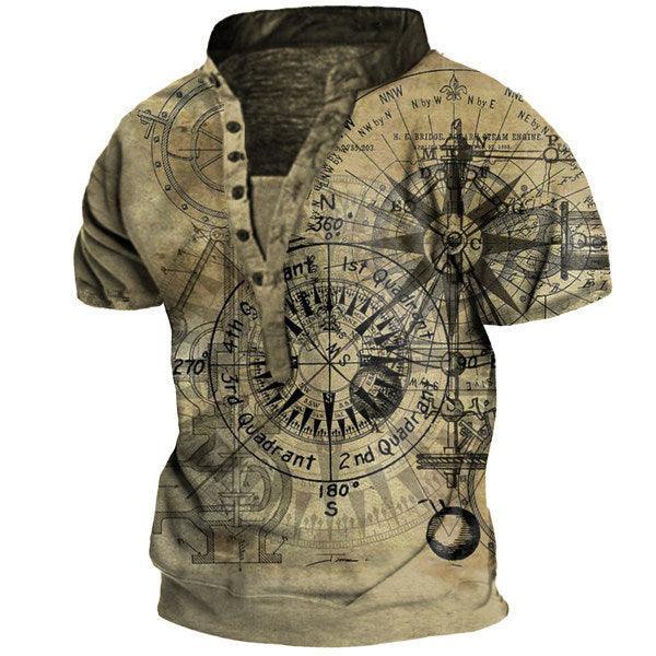Men's Outdoor Vintage Nautical Compass Print Henley T-Shirt