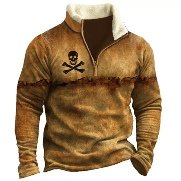 Men's Retro Shirt Skull Print Zipper Stand Collar Long Sleeve Vintage Sweatshirt