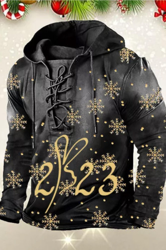 Mens Casual Sweatshirt New Year Print Lace-Up Hoodie