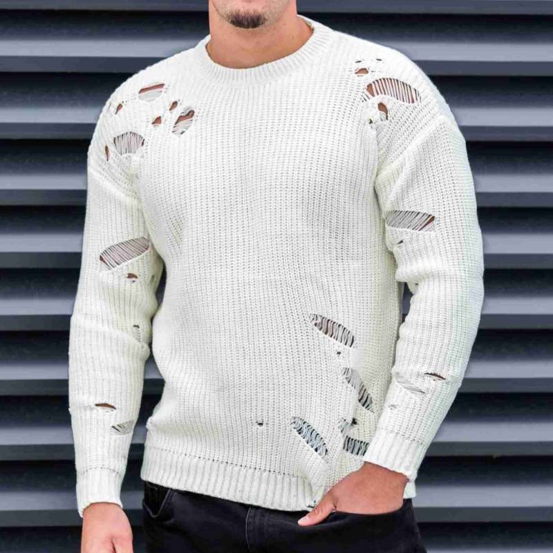 Men's Distressed Ripped Round Neck Long Sleeve Sweater
