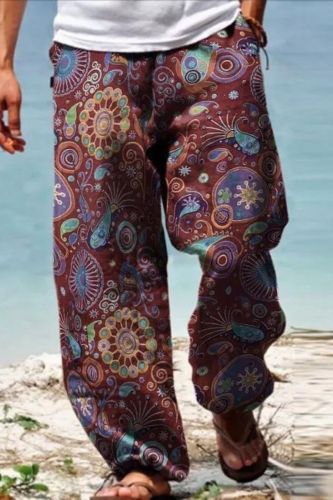 Men's Linen Western Ethnic Irregular Boho Print Double Pocket Stretch Loose Pants