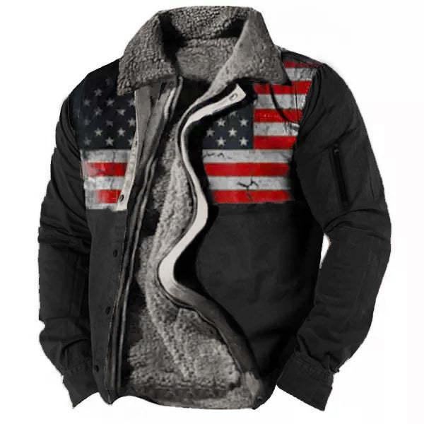 Mens Vintage American Flag Print Sherpa-Lined Zipper Tactical Shirt Jacket