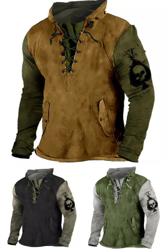 Mens Vintage 3D Skull Color Matching Tactical Lace-Up Hooded