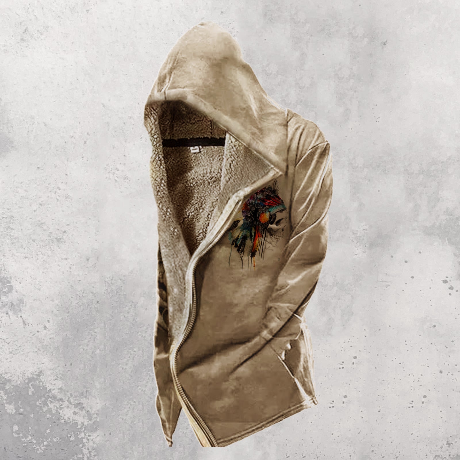 Mens vintage skull print tactical zip up hooded fleece jacket Clearance