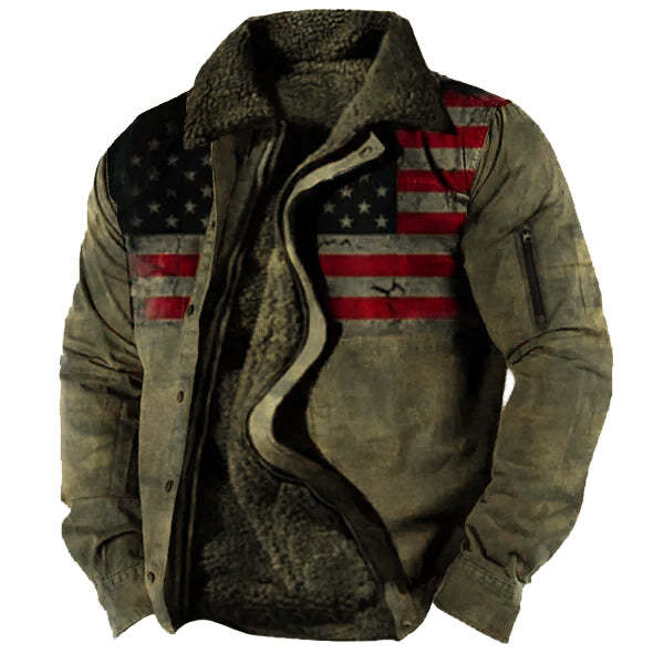 Mens Vintage American Flag Print Sherpa-Lined Zipper Tactical Shirt Jacket