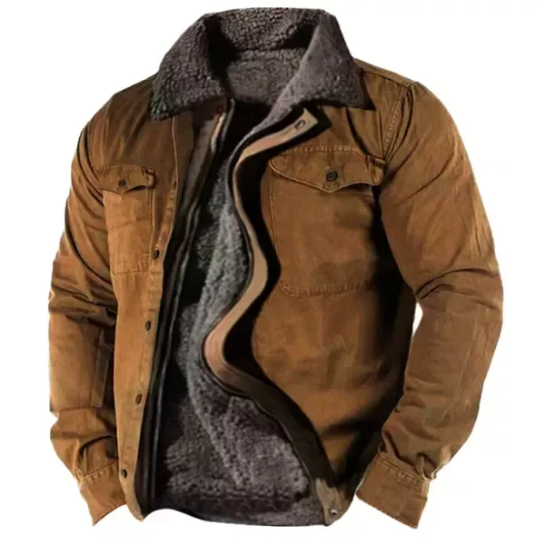Mens Plush Fleece Warm Lining Zipper Jacket