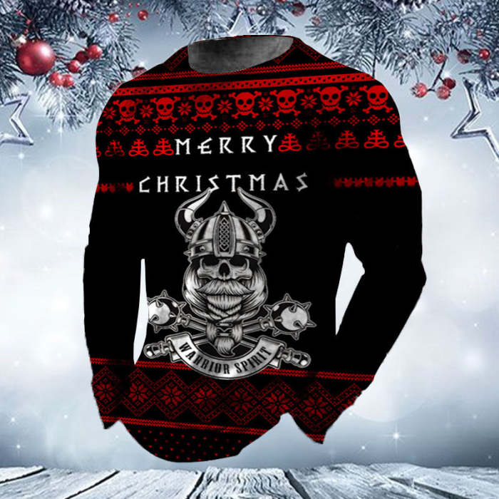 Men's Ugly Christmas Shirt Skull Warrior Printed Sweatshirts