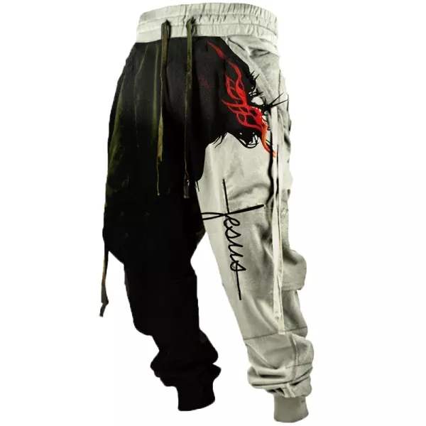 Men Outdoor Vintage Sporty Pants Print Drawstring Jogger Pants