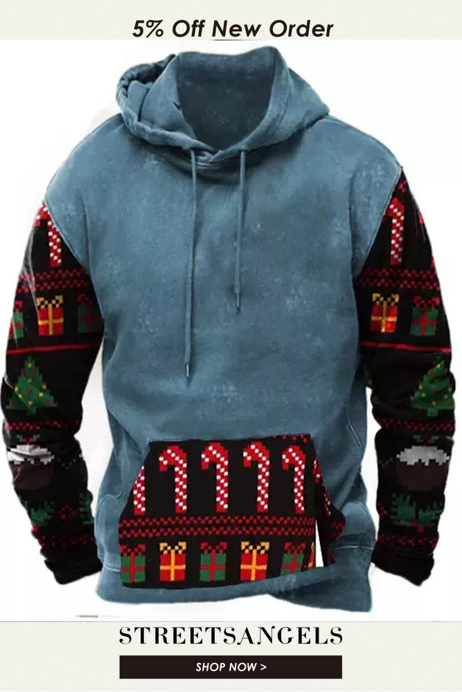Men Christmas Sweatshirt Tribal Print Snowman Colorblock Vintage Hoodie