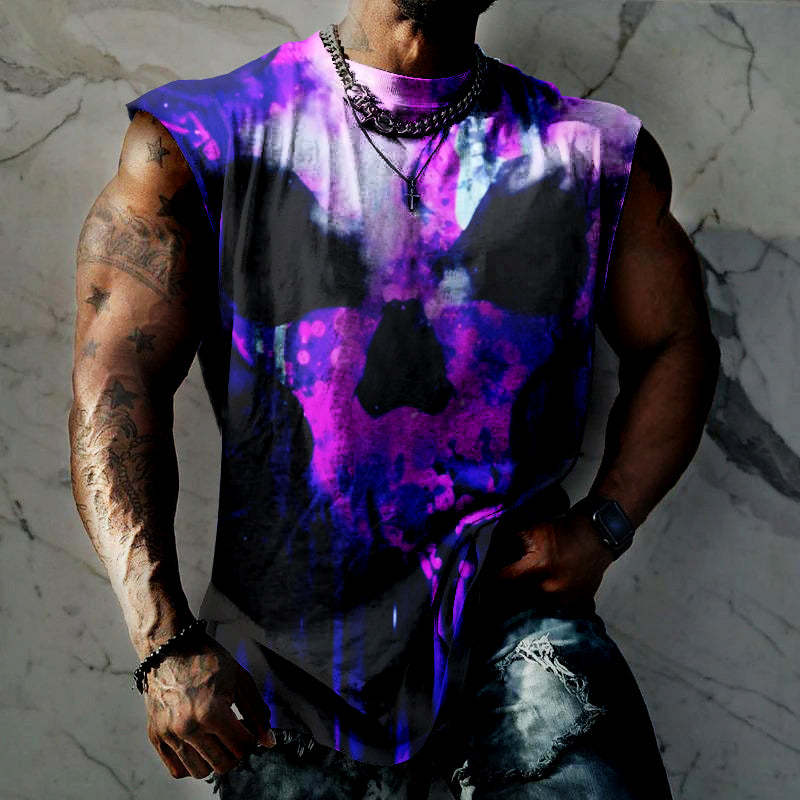 Metaverse & Skull Digital Abstract Creative Print Men's Casual Fashion Cap Sleeve Shirt