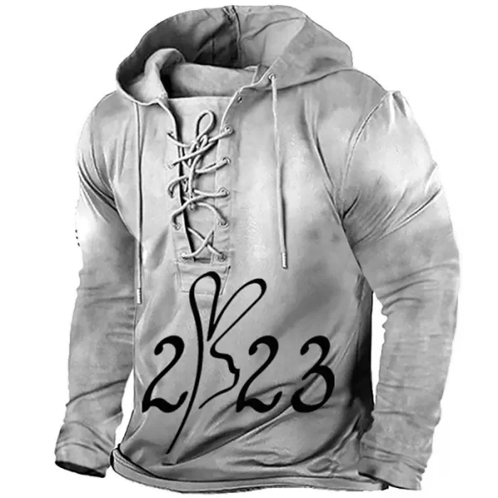 Mens Casual Sweatshirt New Year Print Lace-Up Hoodie