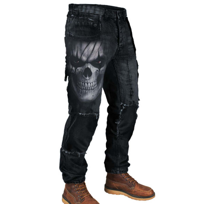 Mens Vintage Patchwork 3D Devil Skull Print Outdoor Jeans