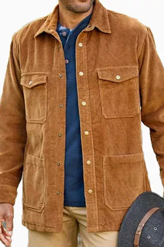 Men's Vintage Corduroy Shirt Lapel Button Up Multi-Pocket Jacket