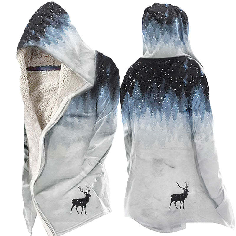 Men's Fleece Hoodie Deer Print Zip Up Gradient Jacket