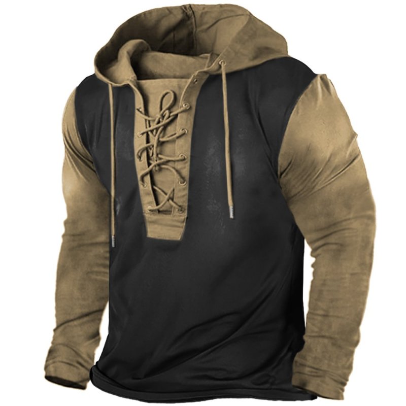 Men's Outdoor Vintage Colorblock Lace-Up Hooded Long Sleeve T-Shirt