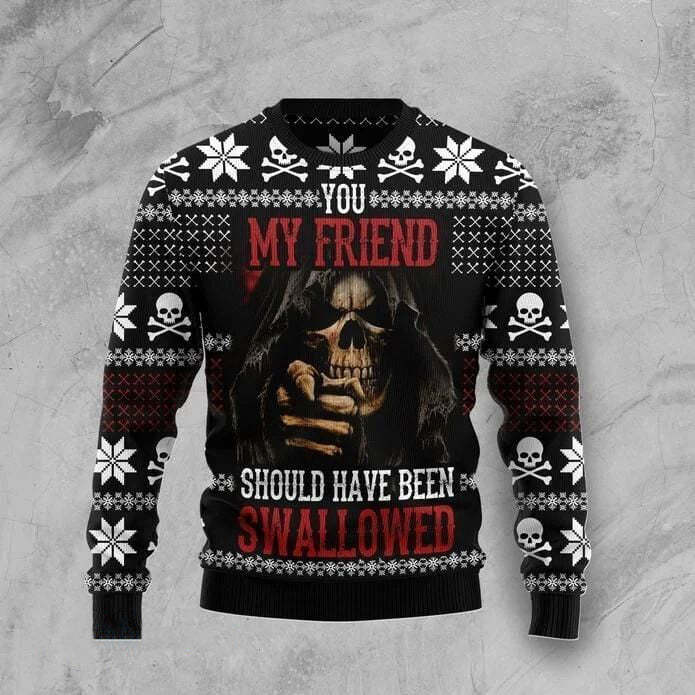 Men Ugly Christmas Sweater Skull Letter Christmas Graphic Vintage Pullover Crew Neck Knitted Sweater