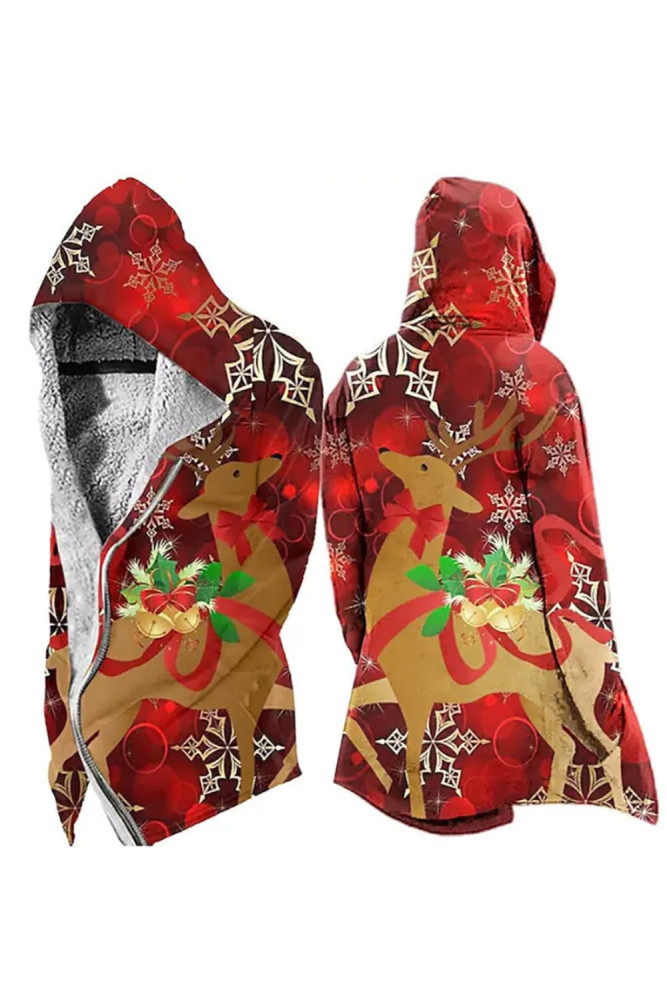 Men Zipper Fashion Christmas Deer Print Fleece Jacket