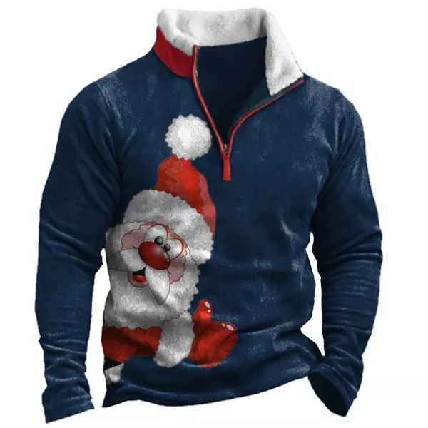 Men's Christmas Print Zipper Plush Stand Collar Vintage Sweatshirt