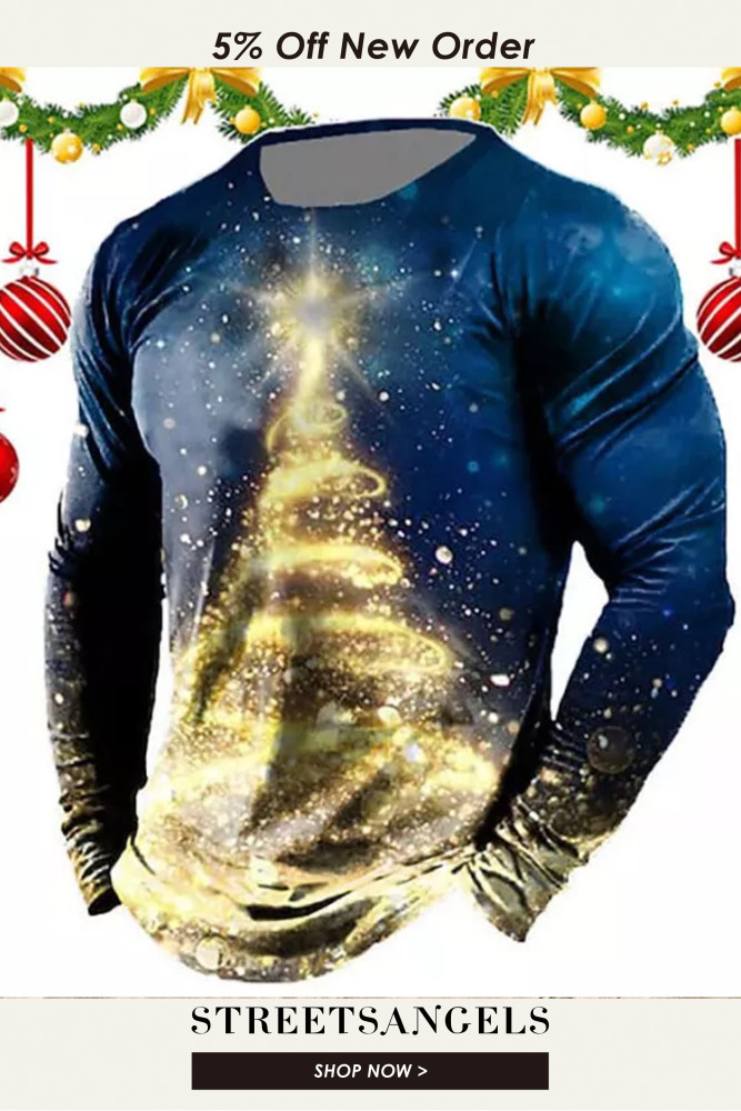Men Casual Sparkling Christmas Tree Print Sweatshirts