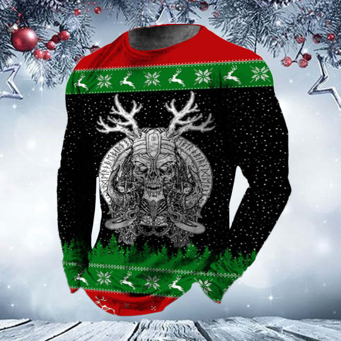 Men's Ugly Christmas Skull Deer Printed Colorblock Long Sleeve T-Shirt
