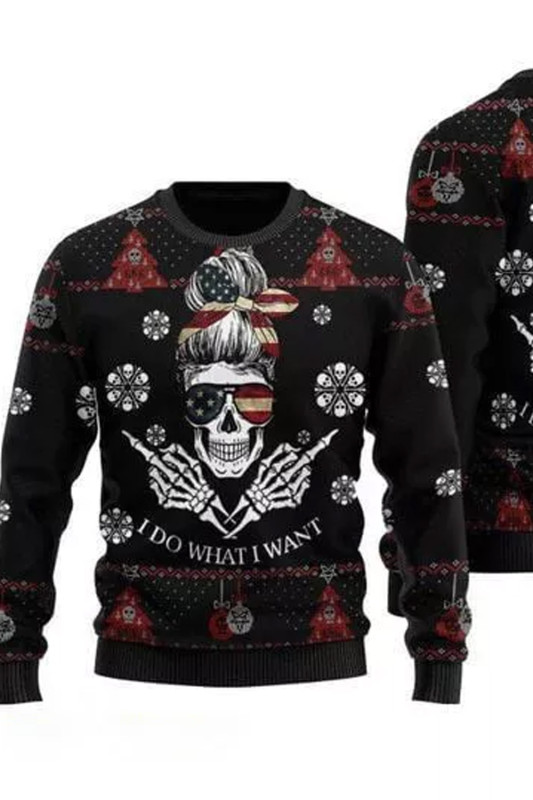 Men Ugly Christmas Sweater Skull I Do What I Want Print Vintage  Pullover Crew Neck Knitted Sweater