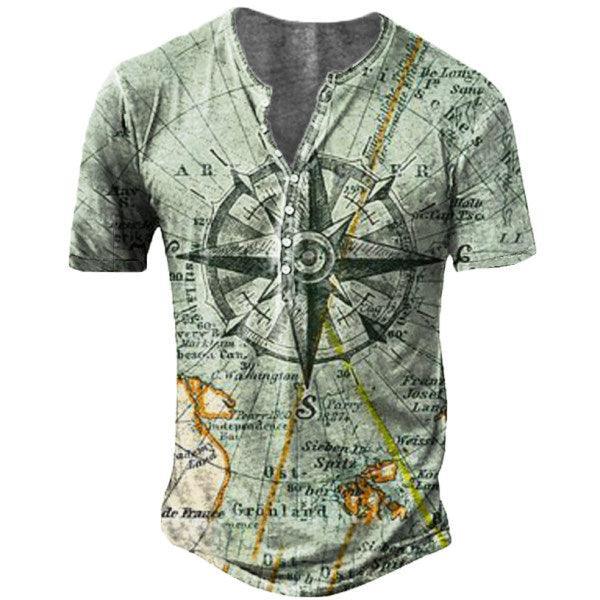 Mens Vintage Nautical Map Compass Henry Collar T-Shirt Tee