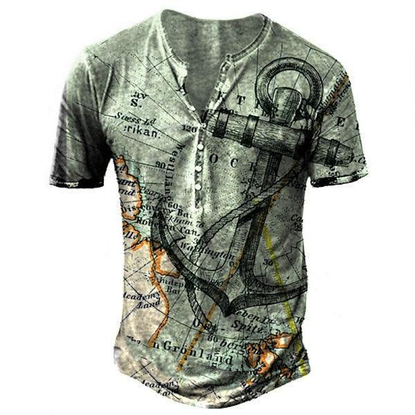 Men's Map Nautical Anchor Print Henley T Shirts