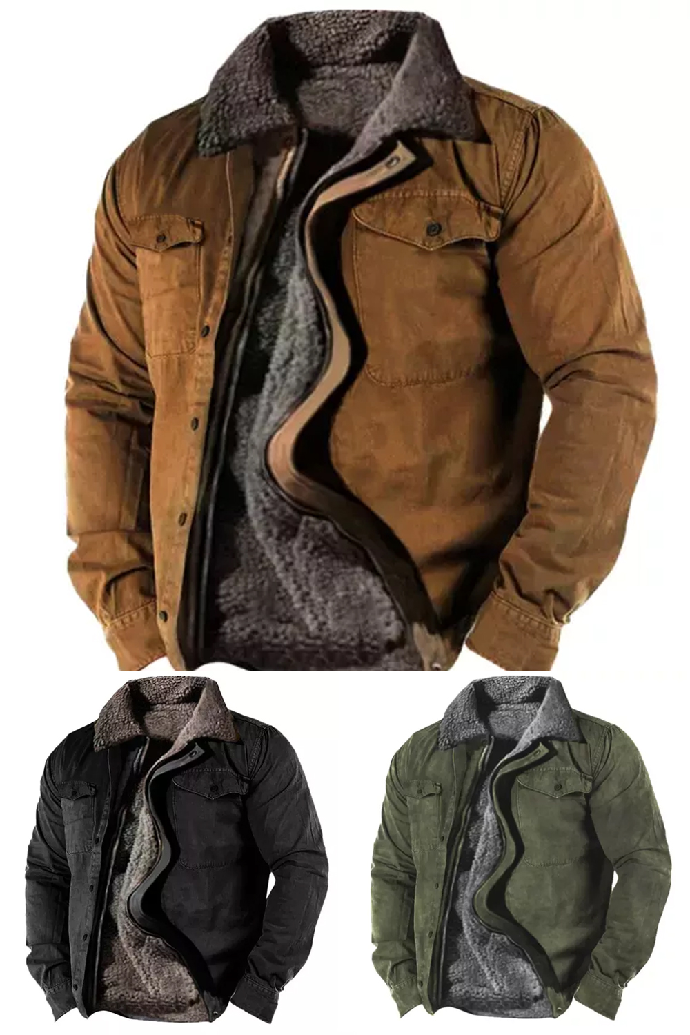 Mens Plush Fleece Warm Lining Zipper Jacket