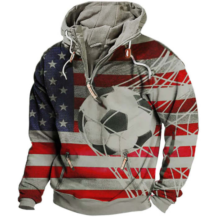 Men's Vintage American Flag Soccer Print Zipper Hoodie