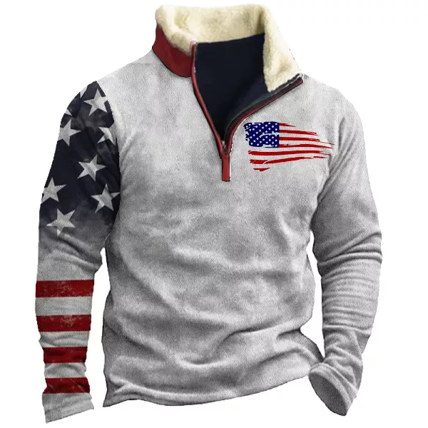 Men's Vintage Shirt American Flag Print Colorblock Zipper Plush Stand Collar Sweatshirt