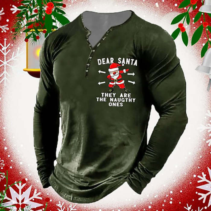 Mens Casual Long Sleeve Christmas Santa Print Henley Shirt