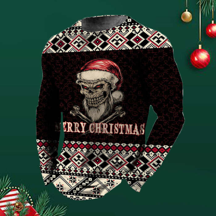 Men's Ugly Christmas Skull Santa Merry Printed Sweatshirts