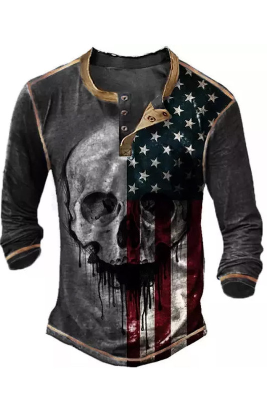 Men's Vintage Flag & Skull Creative Print Henley Long Sleeve Top