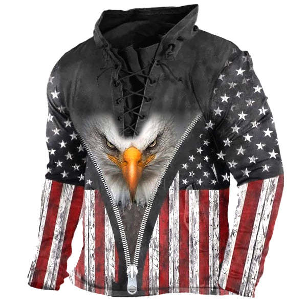 Men Lace Up American Flag Eagle Print Casual Sweatshirt