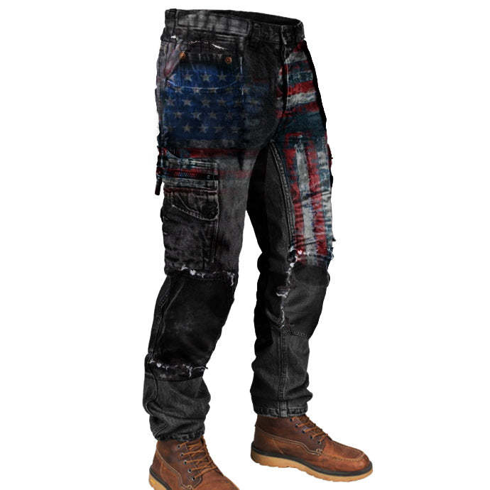 Mens American Flag Print Outdoor Wear-Resistant Army Pants