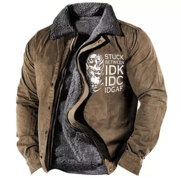 Men Coat Plush Lapel Collar IDK IDC Letter Print Zipper Vintage Jacket