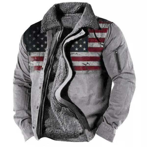 Mens Vintage American Flag Print Sherpa-Lined Zipper Tactical Shirt Jacket