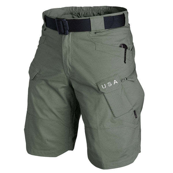 Men's Cargo Hiking Shorts Elastic Waist Multiple Pockets Knee Length Pants Breathable Mid Waist