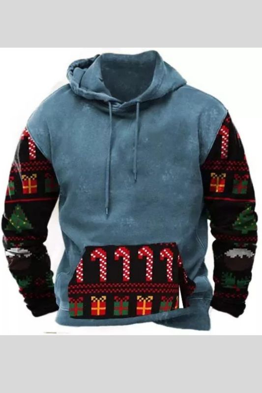 Men Christmas Sweatshirt Tribal Print Snowman Colorblock Vintage Hoodie