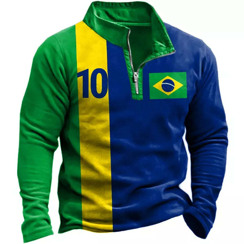 Mens Brazil Flag Soccer Print Zipper Stand Collar  Long Sleeve T-Shirt