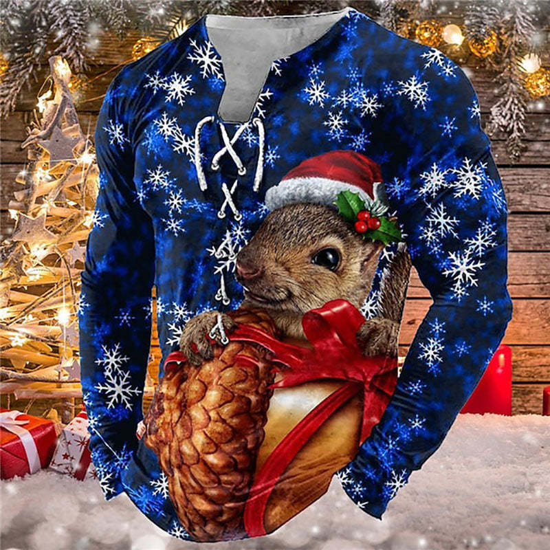 Mens Lace Up Chrismas Squirrel Print Long Sleeve T-Shirt