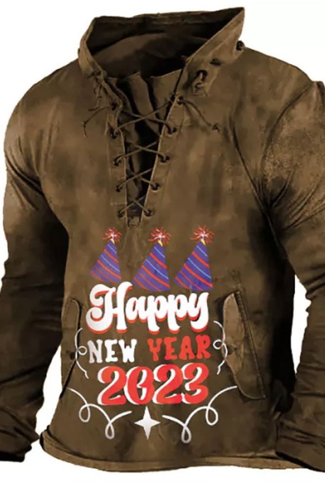 Men Vintage Lace-Up New Year Letter Graphic Printed Sweatshirt