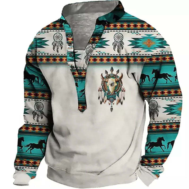 Mens Outdoor Casual Ethnic Printed Henley Collar Sweatshirt