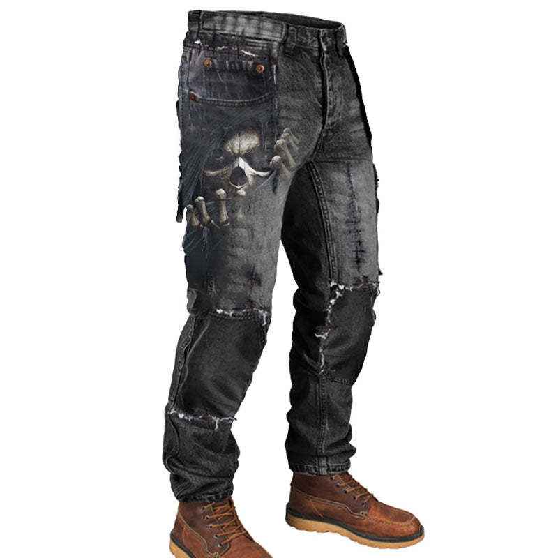 Mens Vintage 3D Skull Print Patchwork Outdoor Jeans