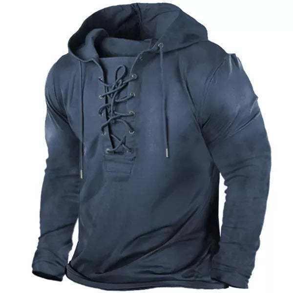Mens Outdoor Vintage Lace-up Tactical Classic Solid Color Long Sleeve Hoodie