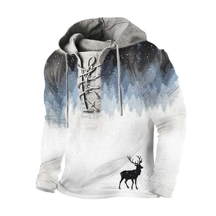 Mens Christmas Elk Print Gradient Lace Up Hoodie