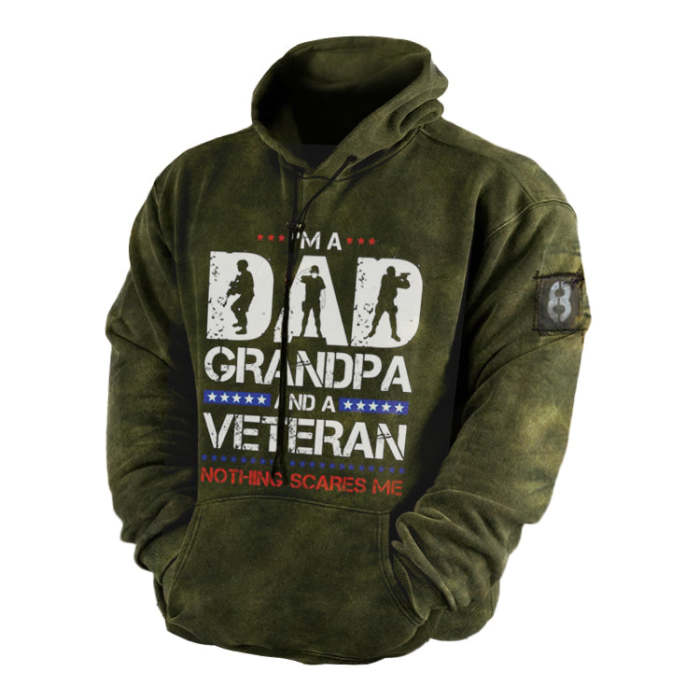 Veterans Day I'M A Dad Grandpa And A Veteran Nothing Scares Me Men's Retro Casual Hoodie
