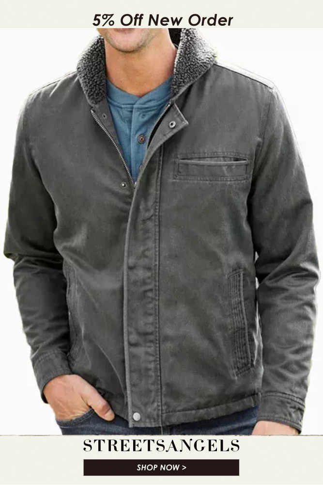 Men Sherpa Colloar Zip Up Multi-Pocket Vintage Work Jacket